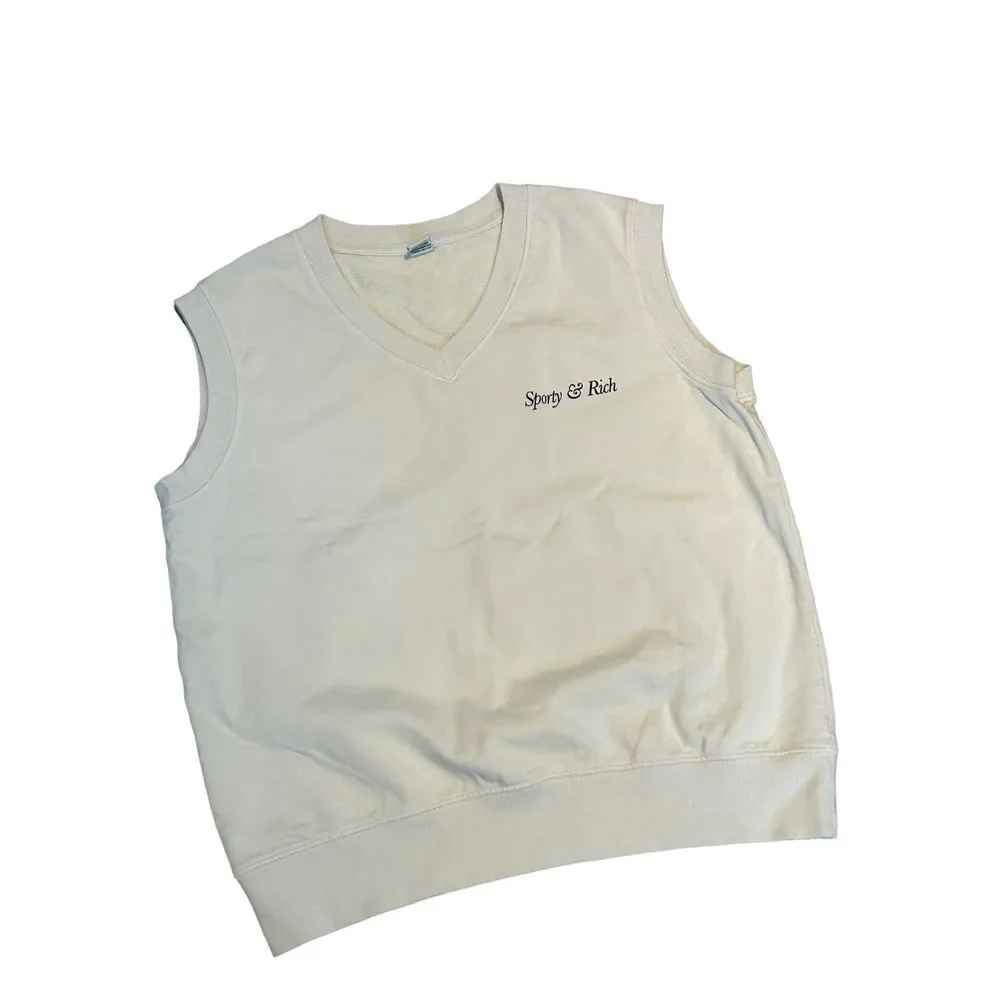 Sporty & Rich Italic Logo Sleeveless V-Neck Unisex Vest Beige Size Medium - Picture 2 of 7